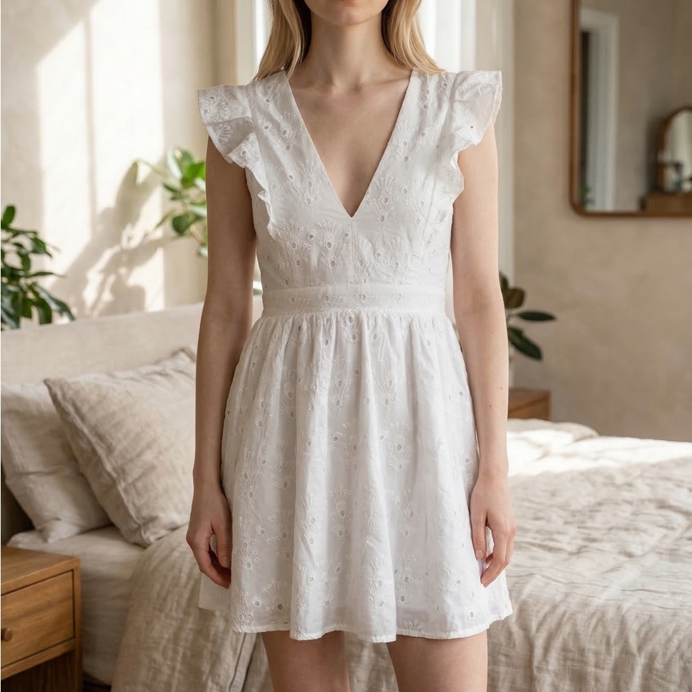 Lulu's White Eyelet V-Neck Ruffle Sleeve Mini Dress